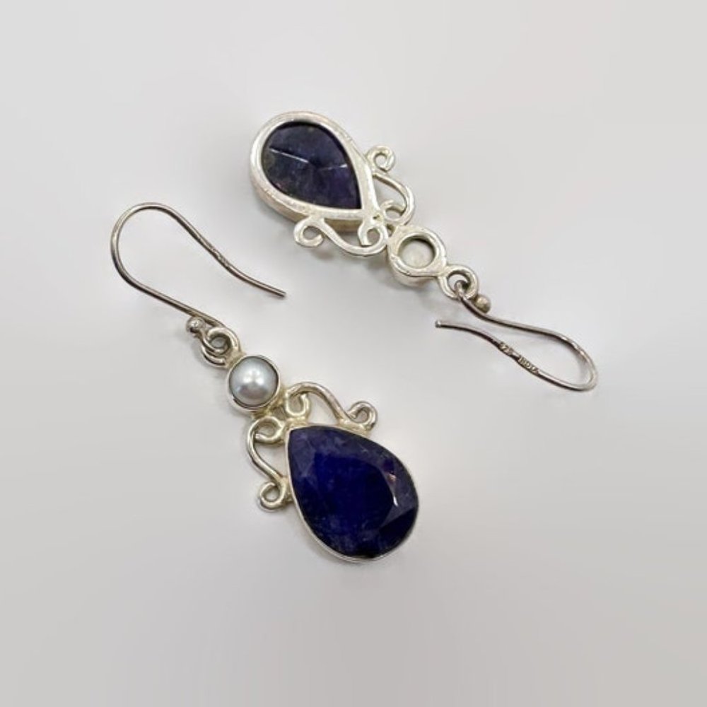 Spinel Earrings, Pearl, Sterling Silver, Pierced, Blue Stone, Dangle Earrings - Picture 4 of 4